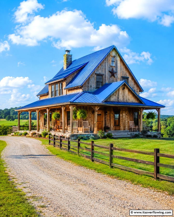 Rustic Farmhouse Warmth - 25 Houses With Blue Metal Roofs for Curb Appeal