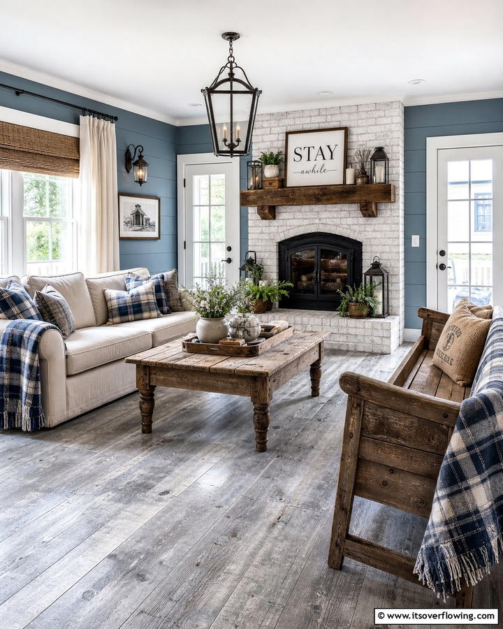 Rustic Farmhouse Warmth - 20 Grey Floor Living Room with Blue Walls Ideas