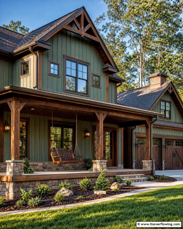 Rustic Farmhouse with Sage Green and Walnut Brown - 25 Sage Green House With Brown Trim Ideas for Curb Appeal