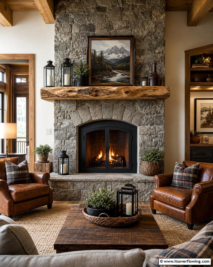Rustic Faux Stone Fireplace with Wooden Mantel - 25 Faux Stone Fireplace Ideas for a Cozy and Elegant Look