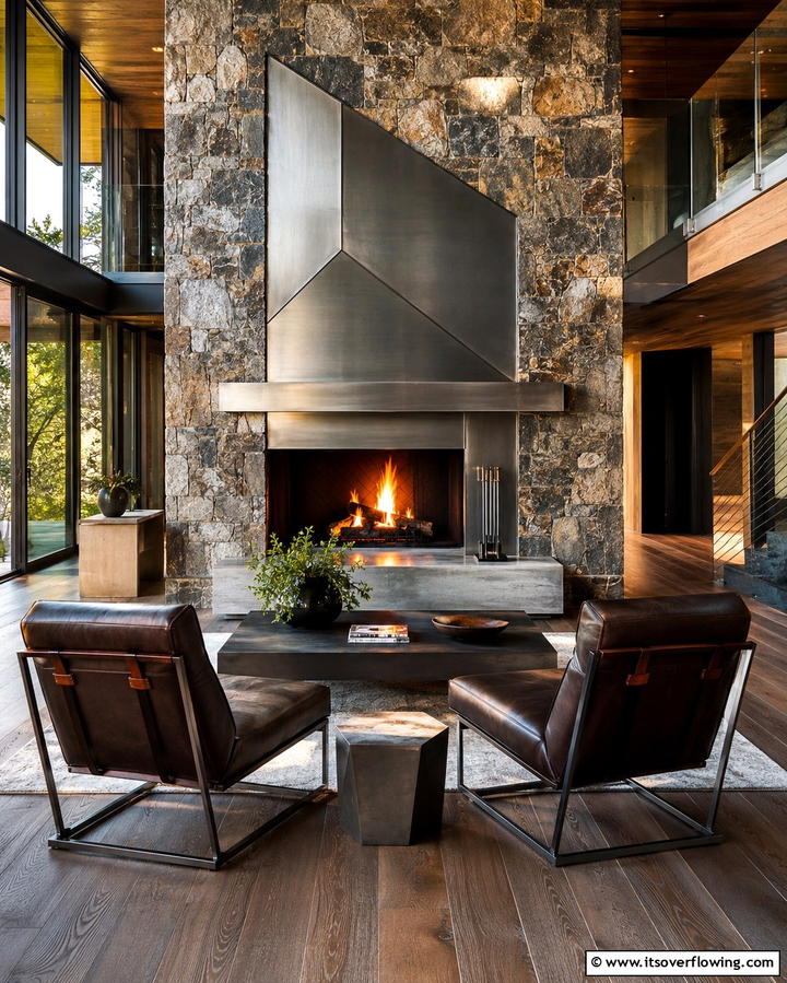 Rustic Fireplace with Metal Accents - 25 Rustic Fireplaces to Warm Up Your Living Space