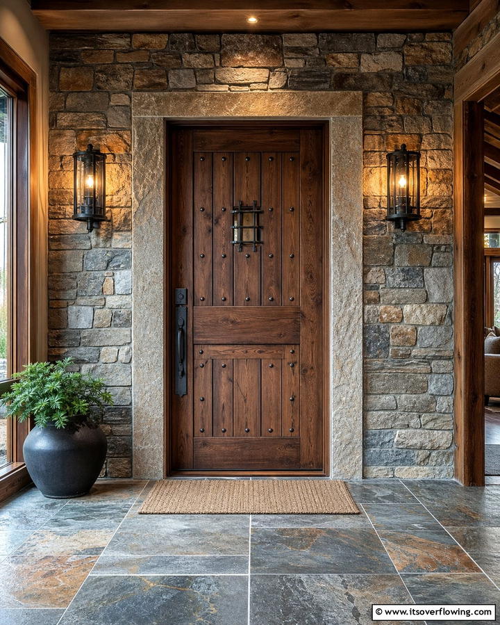 Rustic Front Door with Stone Frame - 25 Rustic Front Door Ideas to Welcome Guests in Style