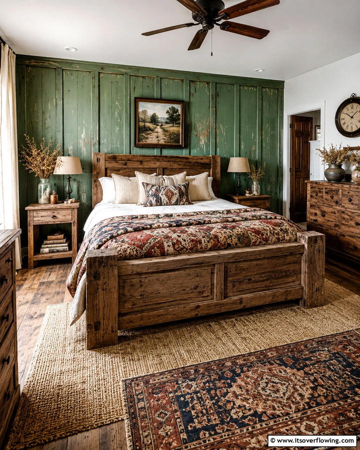 Rustic Green Panelling - 30 Green Panelling Ideas for a Serene Bedroom
