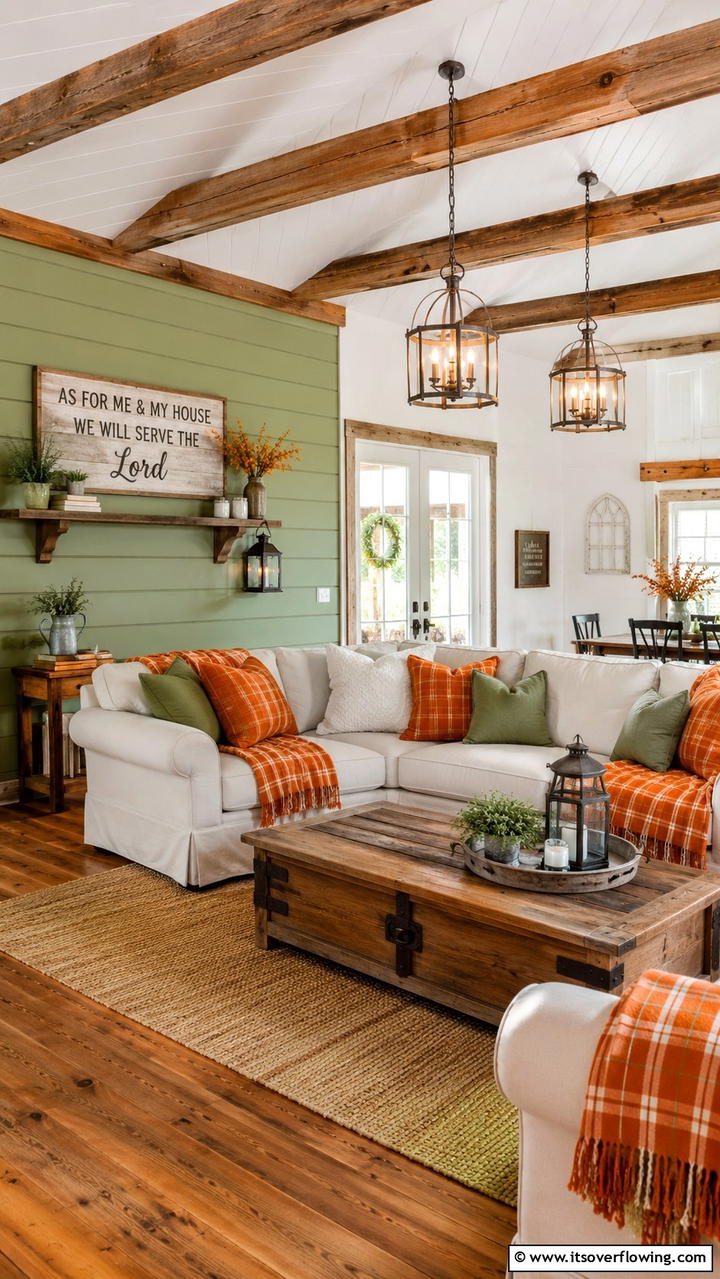 Rustic Green and Orange Farmhouse Style - 30 Green and Orange Living Room Ideas for Bold Style