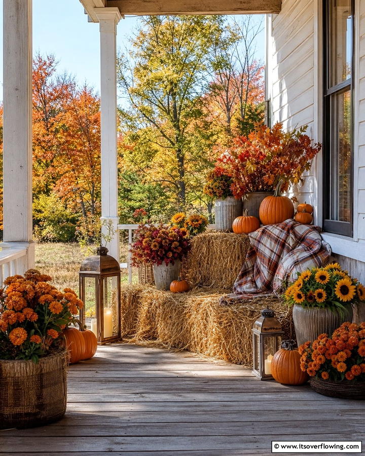 Rustic Hay Bale Arrangements - 21 Fall Porch Decor Ideas for a Warm Autumn Welcome