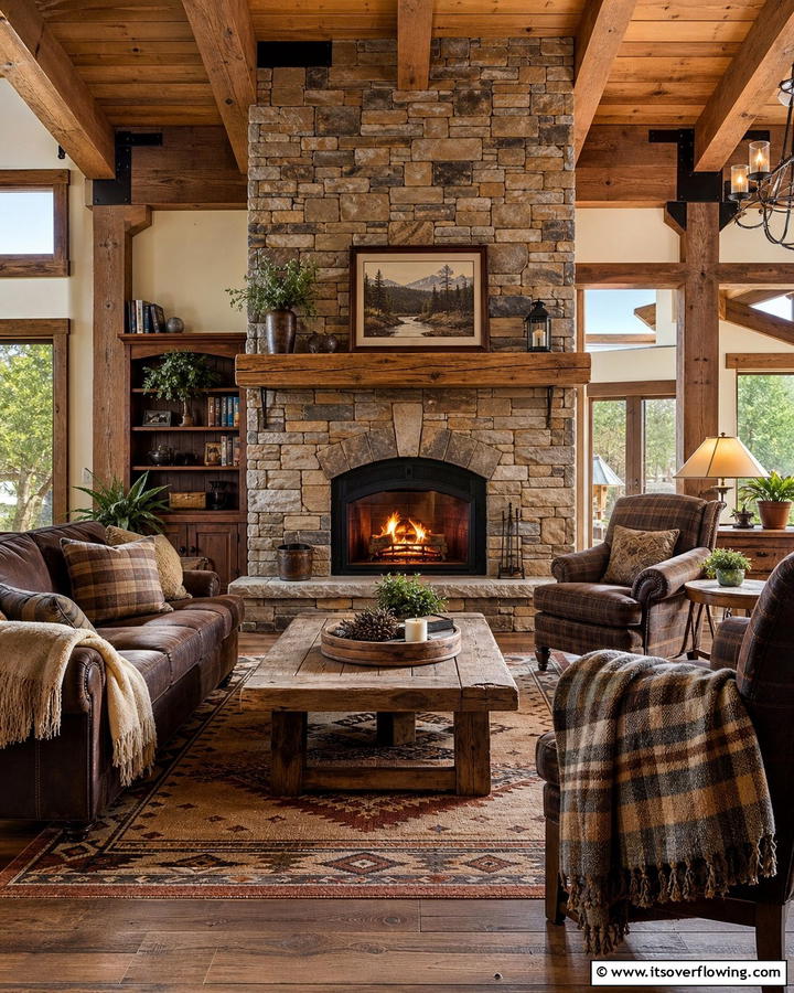 Rustic Hearth Charm - 21 Rustic Stone Fireplace Designs for Cozy Living Rooms