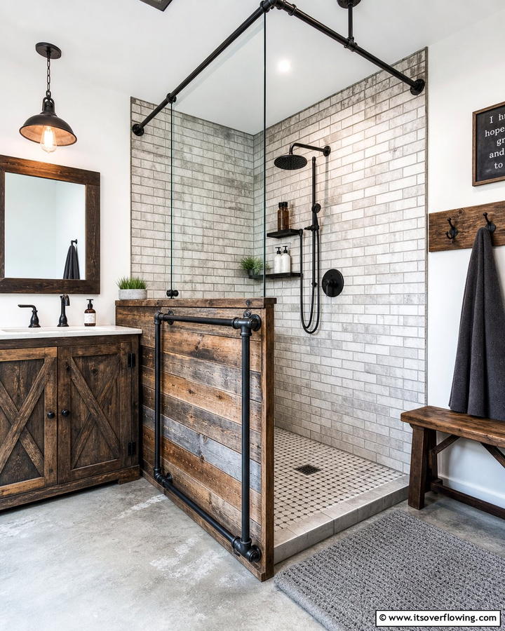 Rustic Industrial Blend - 30 Half-Wall Shower Ideas- Sleek Bathroom Design Solutions
