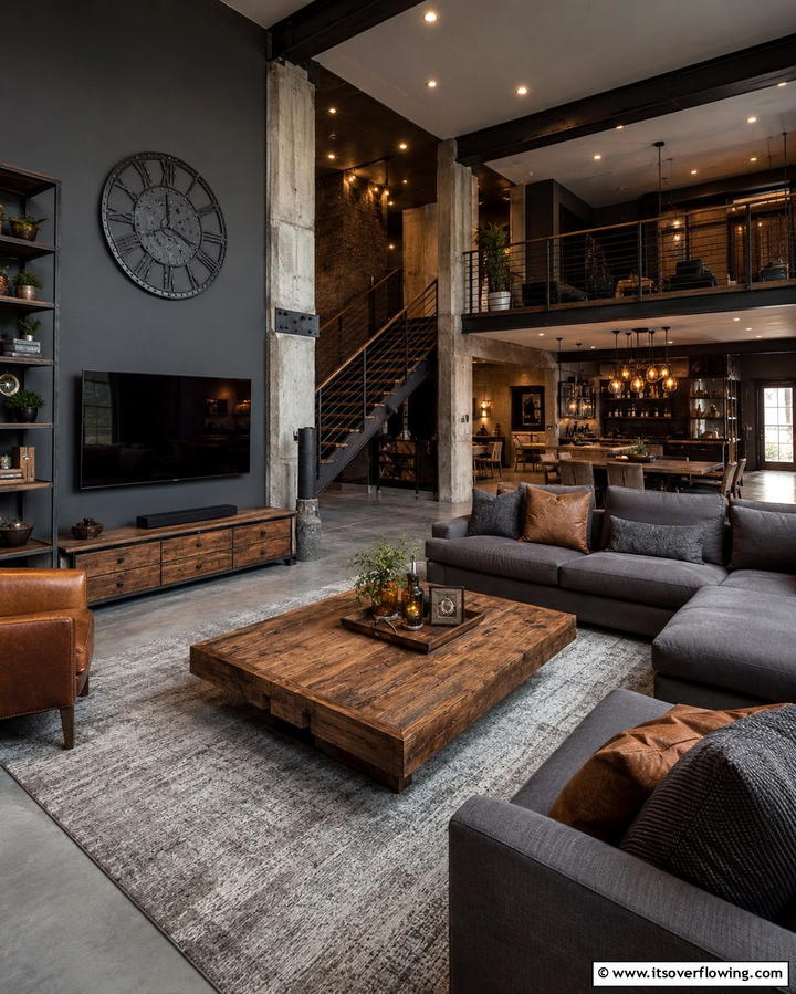 Rustic Industrial Blend - 30 Striking Contrasting Living Rooms Featuring Dark Grey Walls