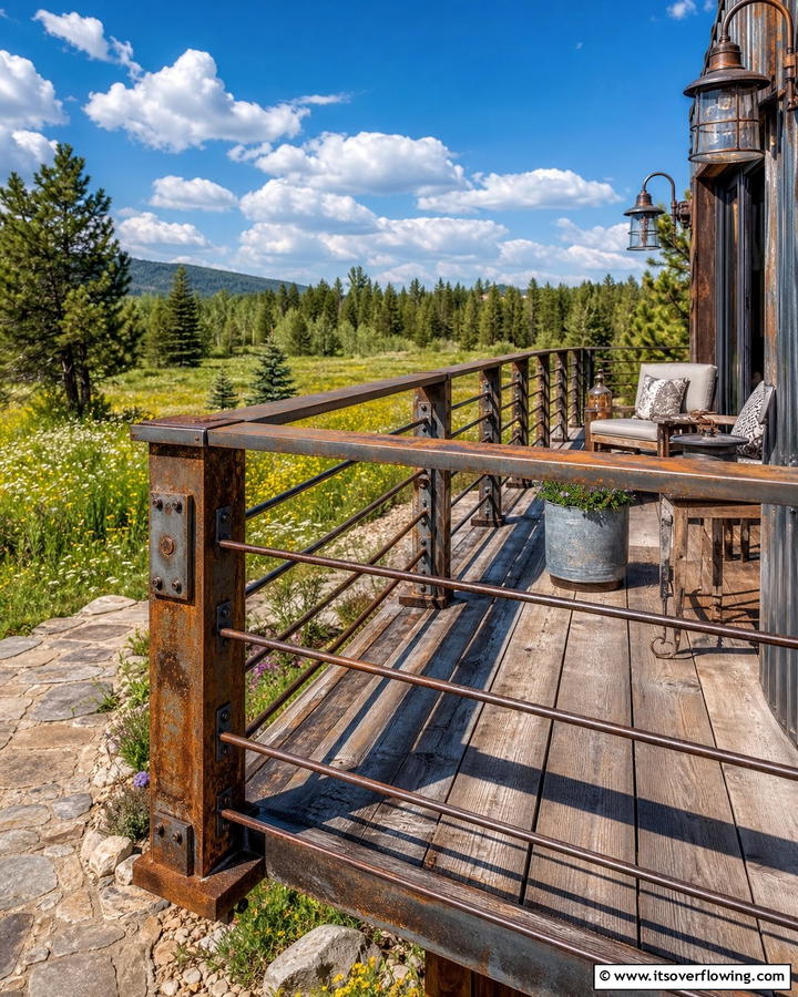 Rustic Industrial Charm - 30 Modern Metal Deck Railing Ideas for Stylish Outdoor Spaces