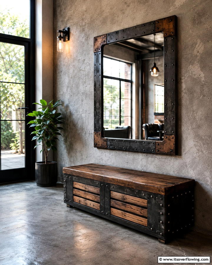 Rustic Industrial Mirror - 30 Statement Entryway Mirror Ideas to Brighten Narrow Spaces