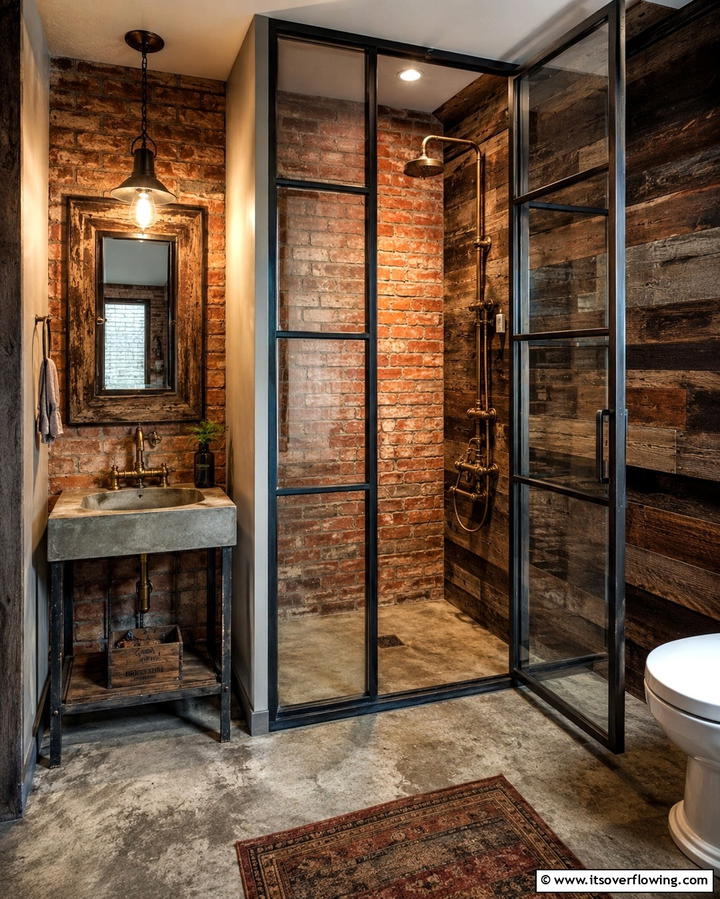 Rustic Industrial Shower Nook - 30 Space-Efficient Corner Shower Ideas for Modern Bathrooms