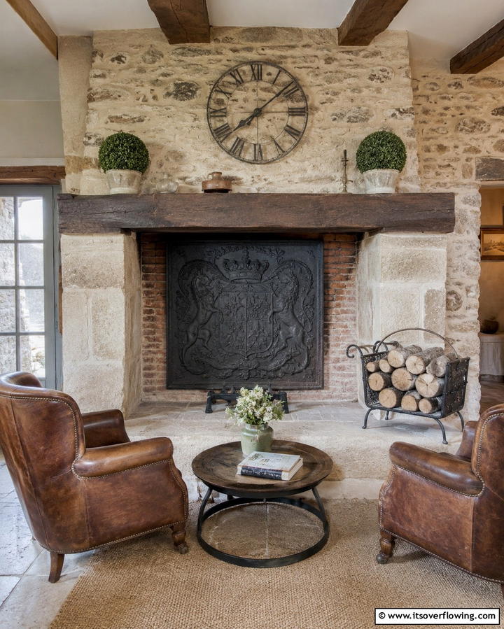 Rustic Iron Fireback - 30 French Country Fireplace Ideas- Rustic Charm