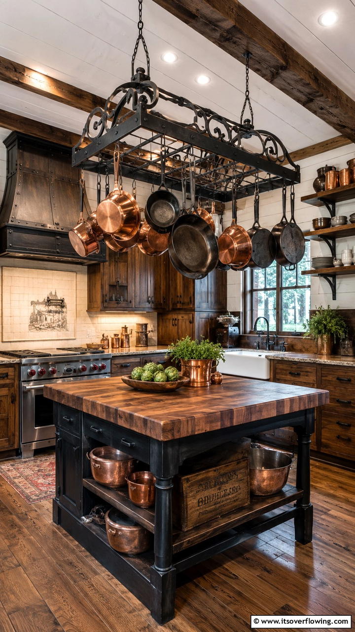 Rustic Iron Pot Racks - 30 Cabin Kitchen Ideas- Rustic and Cozy Cooking Spaces