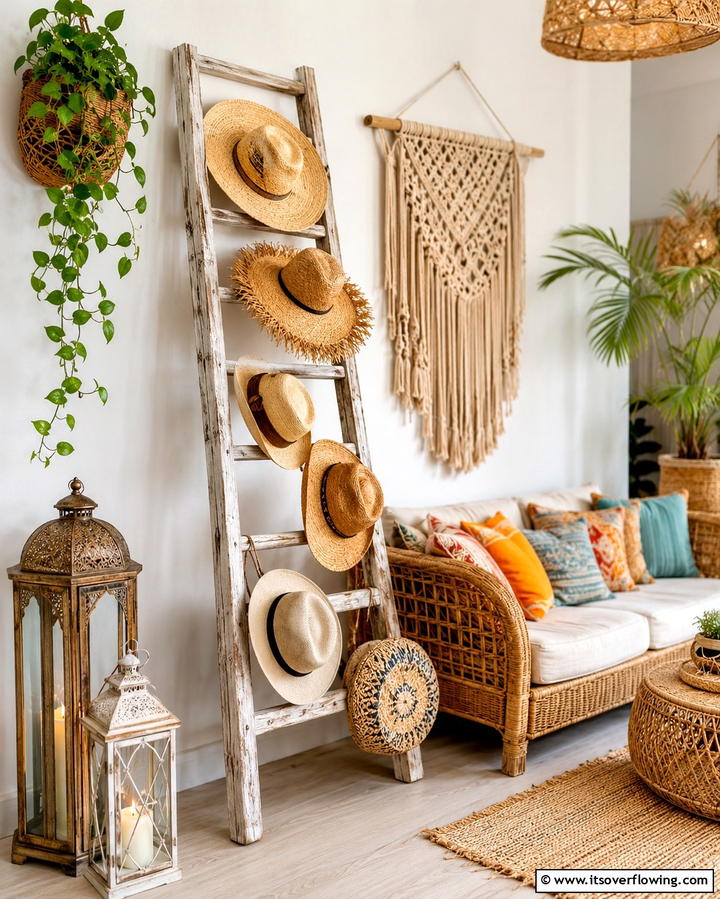Rustic Ladder Hat Display - 30 Smart Hat Storage Ideas to Declutter Your Home