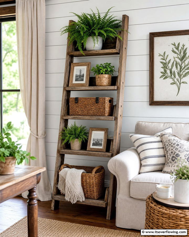 Rustic Ladder Shelf Arrangement - 21 Corner Shelf Ideas for Stylish Space Optimization