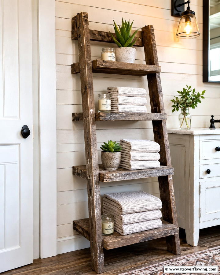 Rustic Ladder Shelf - 30 Functional Bathroom Furniture Ideas to Maximize Space