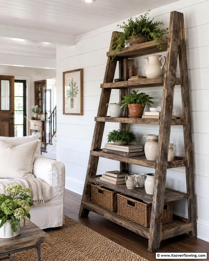 Rustic Ladder Shelving Unit - 30 Small Rustic Living Room Ideas for Cozy Charm