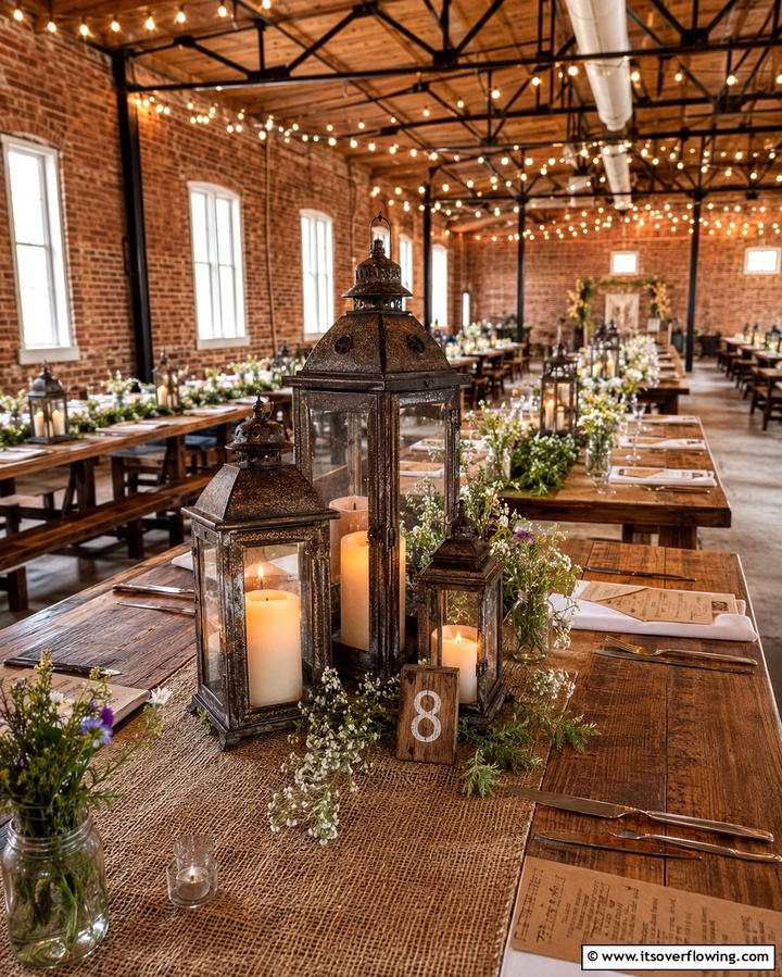 Rustic Lantern Display - 30 Unique Non-Floral Wedding Centerpiece Ideas