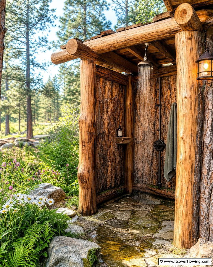 Rustic Log Cabin Shower - 21 Outdoor Shower Designs for Poolside Luxury & Functionality