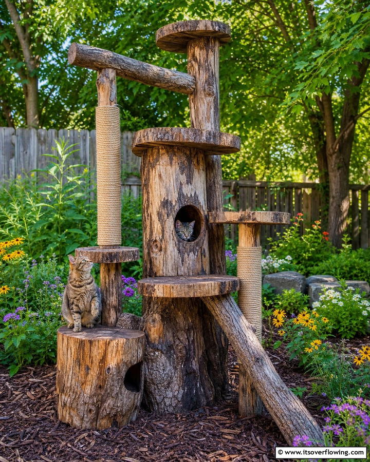 Rustic Log Cat Tree - 20 Outdoor Cat Tree Ideas for Your Feline Friends