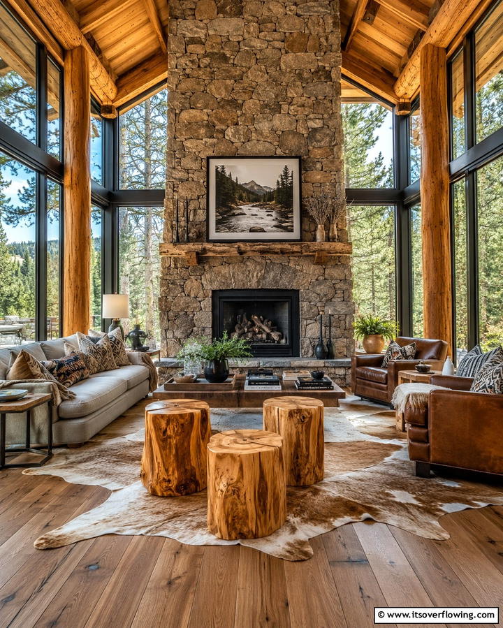 Rustic Log Stools - 25 Fireplace Seating Ideas to Cozy Up Your Living Room