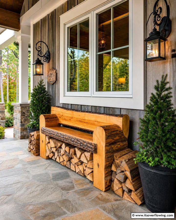 Rustic Log Storage Bench - 30 Rustic Front Porch Ideas for a Welcoming Entryway