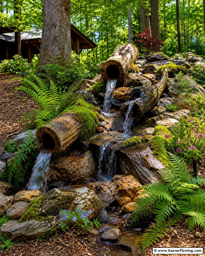 Rustic Log Waterfall for a Natural Look - 25 Backyard Waterfall Ideas for a Tranquil Retreat