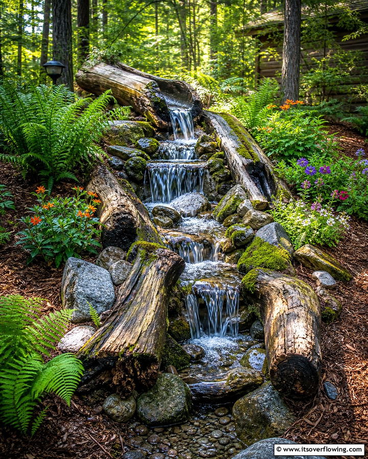 Rustic Log Waterfall - 25 Backyard Waterfall Ideas for a Tranquil Retreat