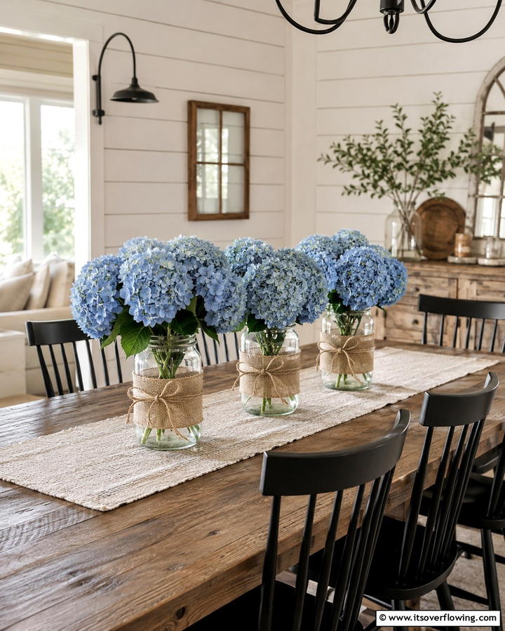 Rustic Mason Jar Hydrangea Arrangement - 25 Hydrangea Centerpiece Ideas for Elegance