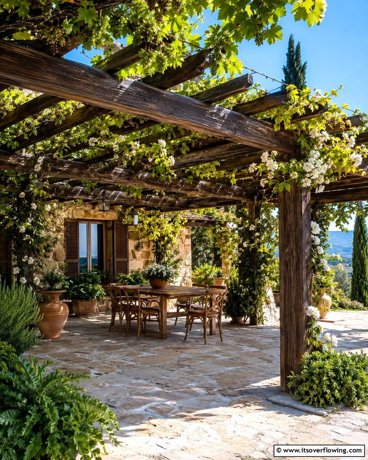 Rustic Mediterranean Pergola - 30 Mediterranean Garden Ideas to Create a Coastal Oasis