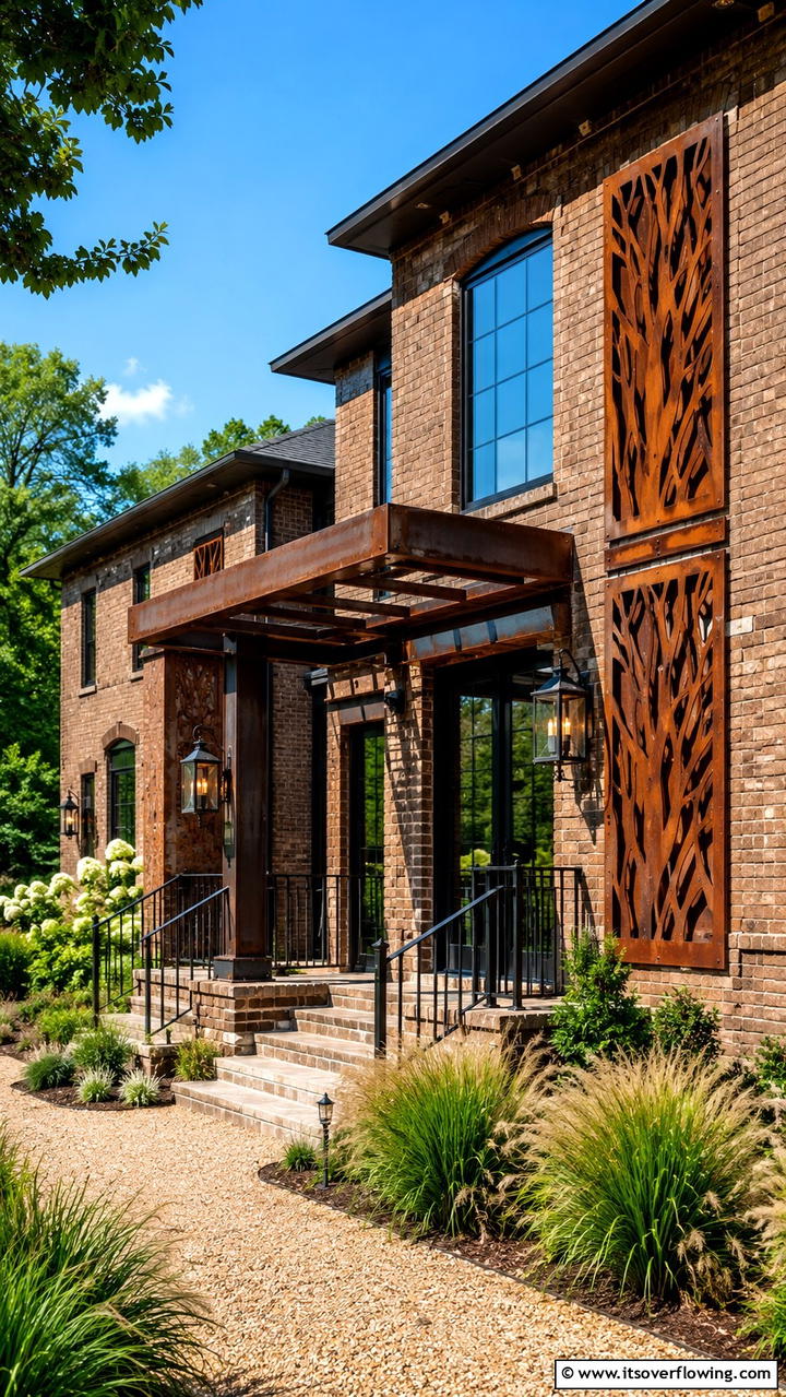 Rustic Metal Integration - 30 Brown Brick Exterior Home Ideas for Timeless Curb Appeal