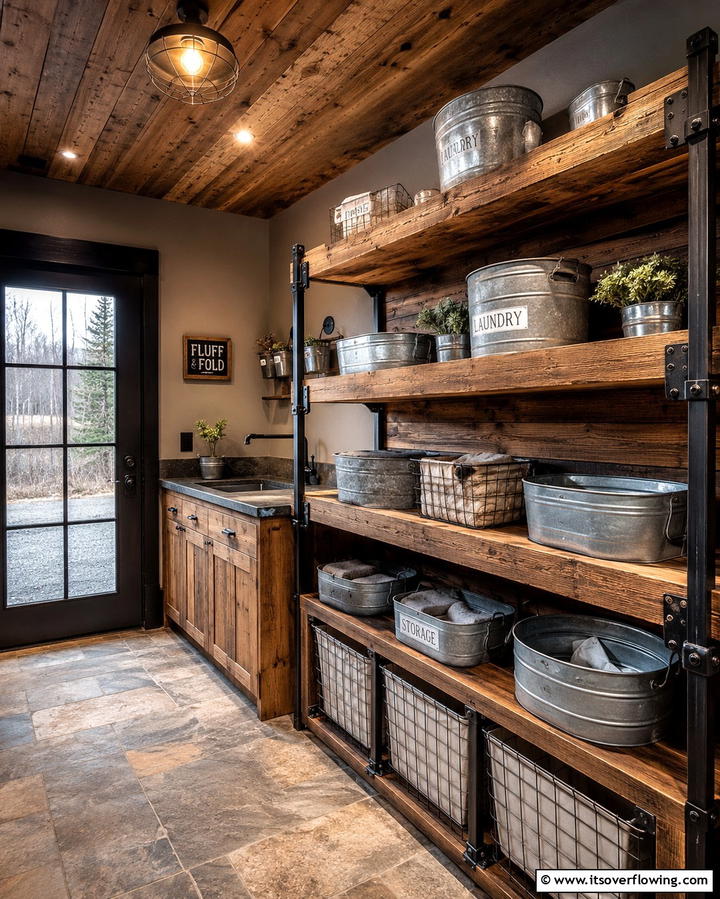 Rustic Metal and Wood Laundry Shelves - 30 Laundry Room Shelf Ideas- Maximize Storage & Efficiency