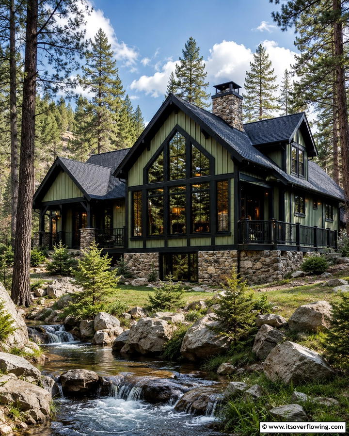 Rustic Mountain Retreat - 25 Sage Green House With Black Trim Ideas for Curb Appeal