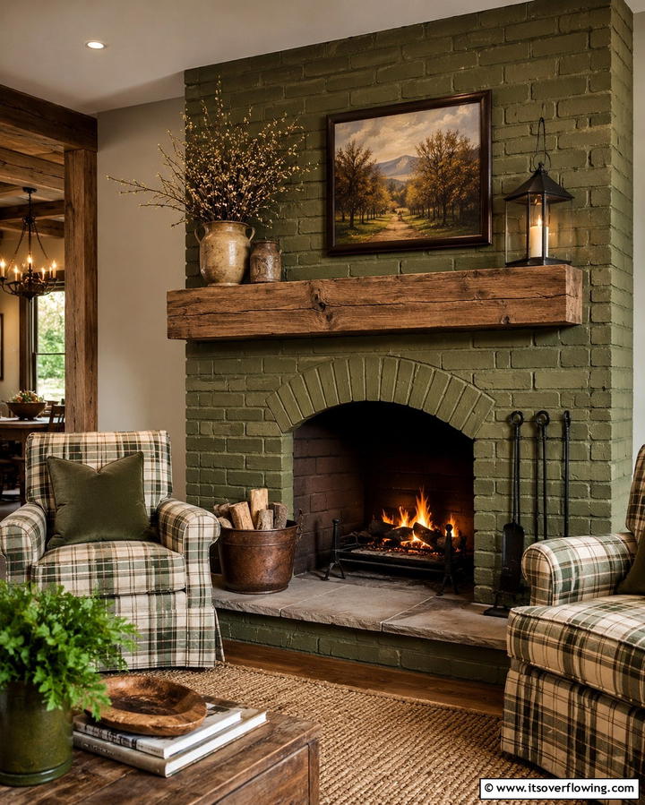 Rustic Olive Green Brickwork - 25 Green Fireplace Ideas for a Cozy and Eco-Friendly Home
