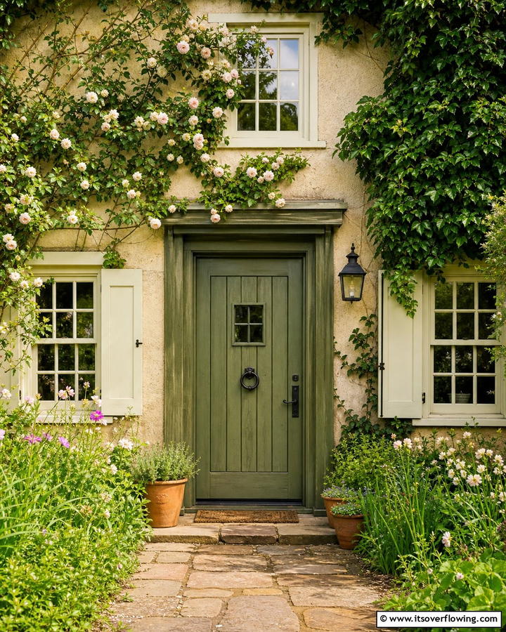 Rustic Olive Green - 20 Cedar Front Door Colors Ideas- Warm & Inviting