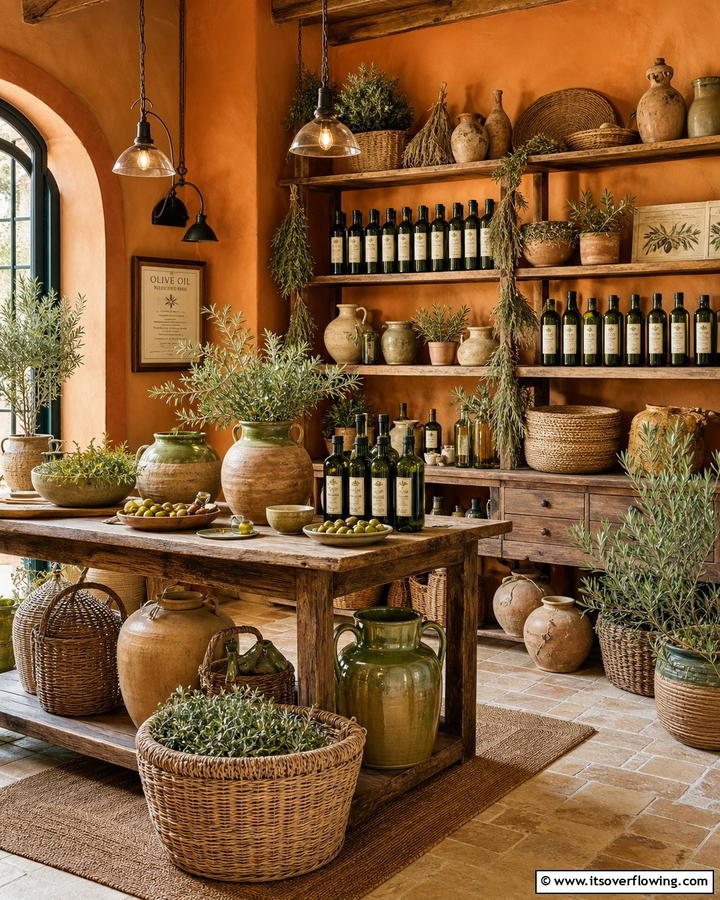 Rustic Olive Oil Display - 21 Mediterranean Kitchen Ideas for Warm & Inviting Vibes