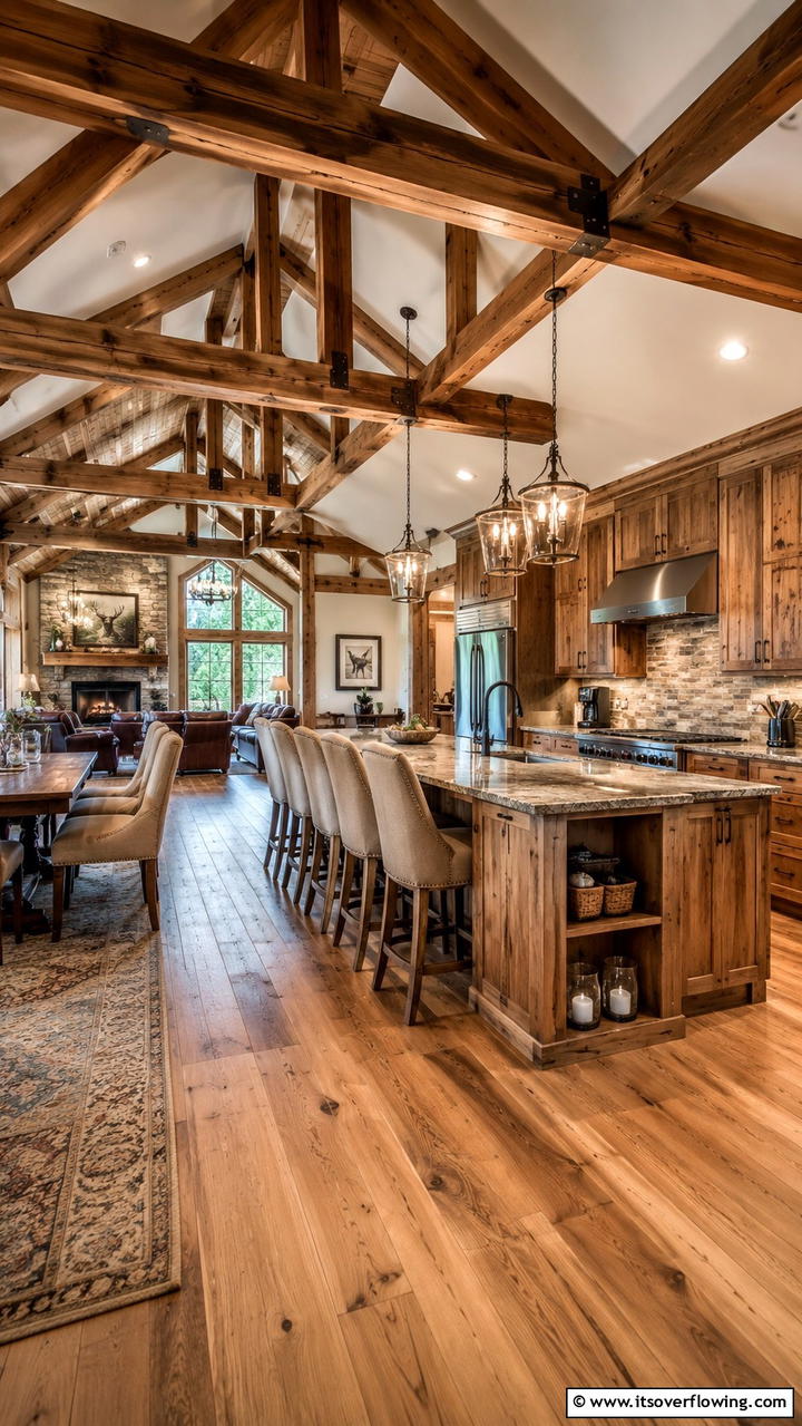 Rustic Open Plan Layout - 30 Cabin Kitchen Ideas- Rustic and Cozy Cooking Spaces