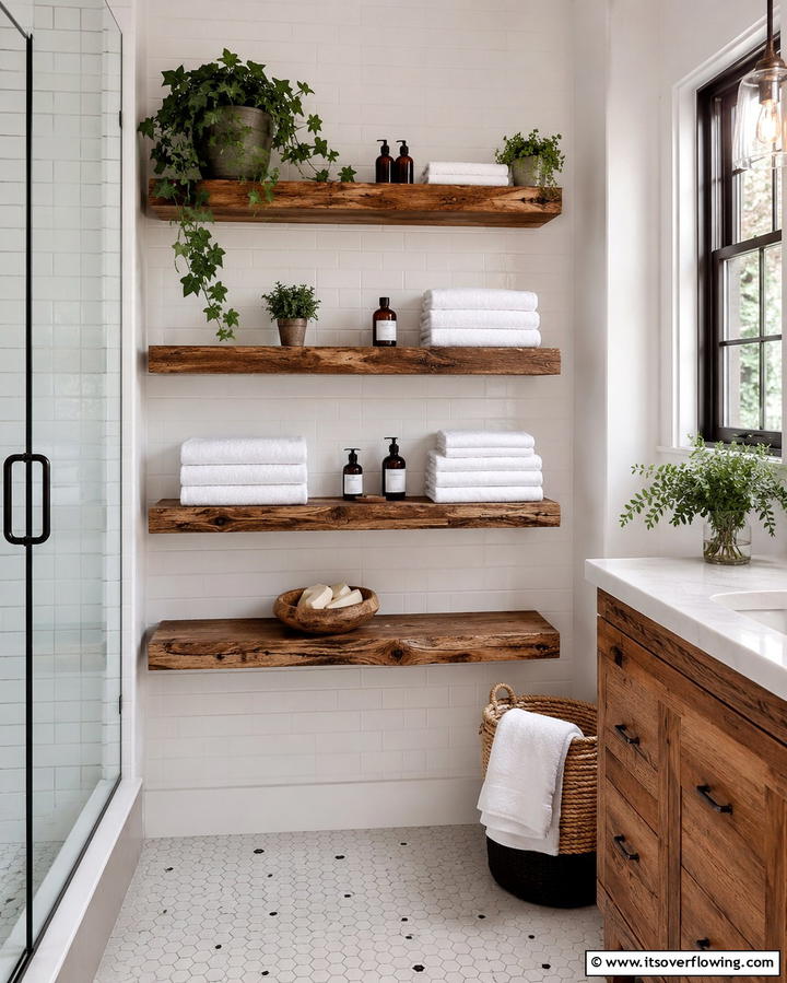 Rustic Open Shelving - 25 Rustic Bathroom Ideas for a Cozy Feel