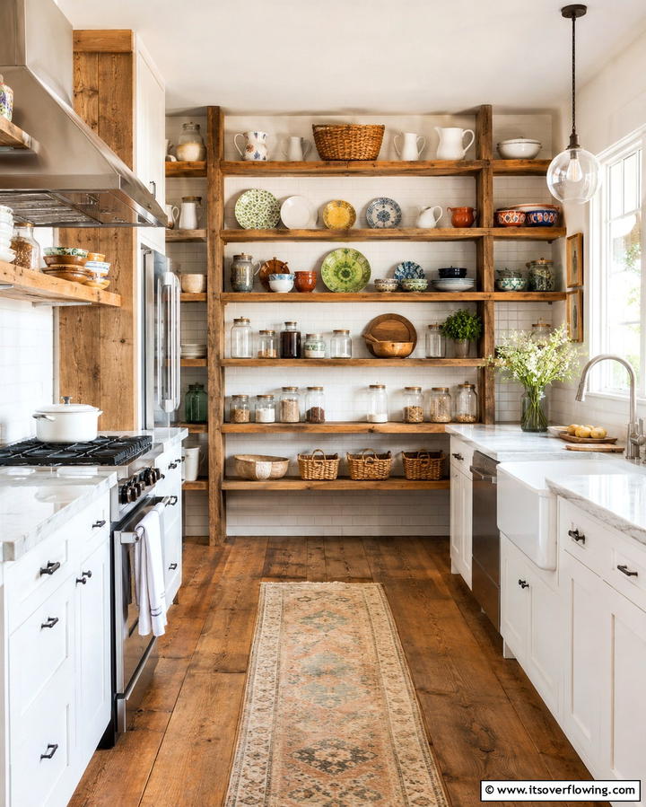 Rustic Open Shelving Charm - 30 Rustic White Kitchen Ideas for Timeless Farmhouse Style