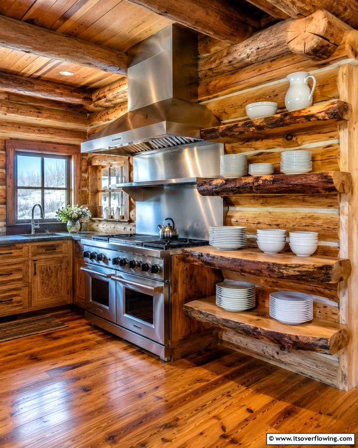 Rustic Open Shelving for Easy Access - 25 Log Cabin Kitchen Design Ideas for a Rustic Look