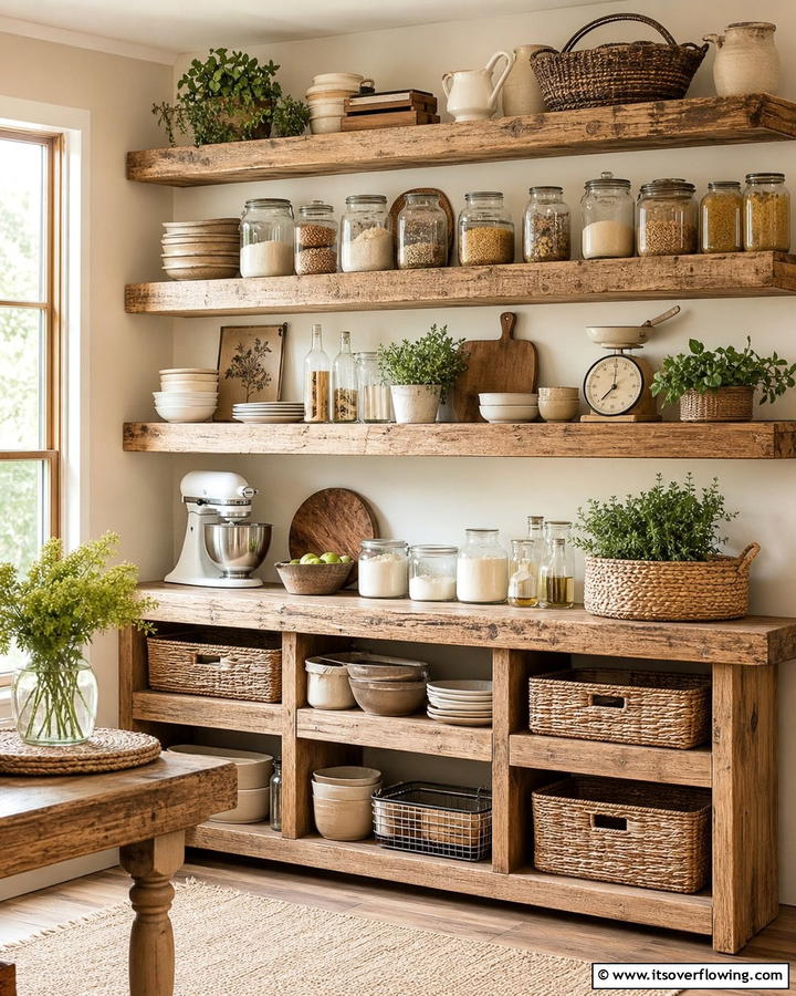 Rustic Open Shelving - 21 Larder Cupboard & Pantry Ideas for Organized Kitchens