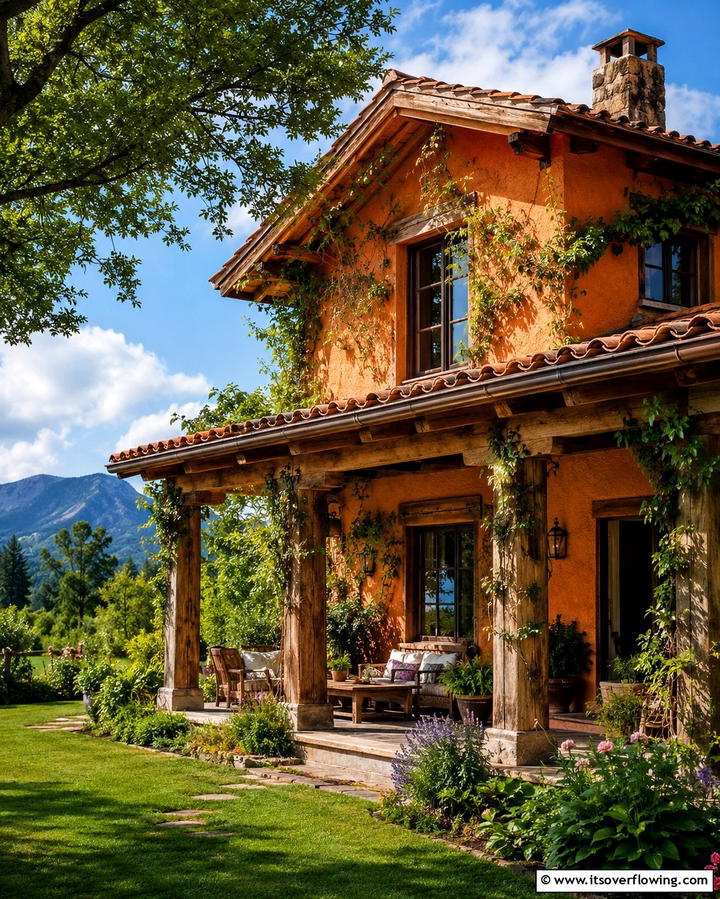 Rustic Orange with Wooden Elements - 25 Orange House Exterior Ideas for a Bold Look