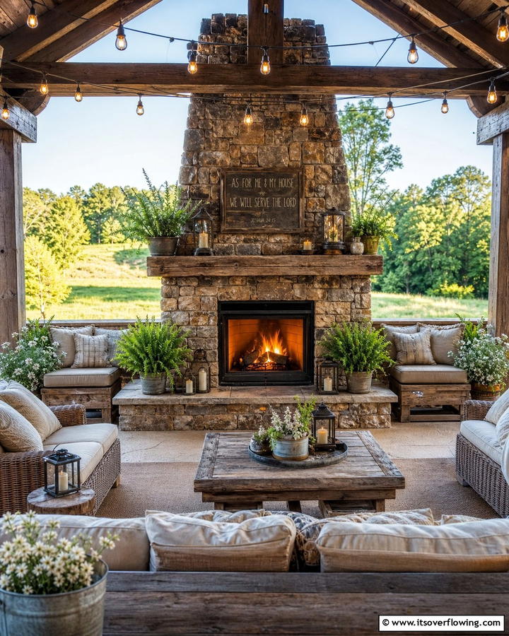 Rustic Outdoor Fireplace Haven - 21 Outdoor Living Room Ideas for Relaxation & Entertaining