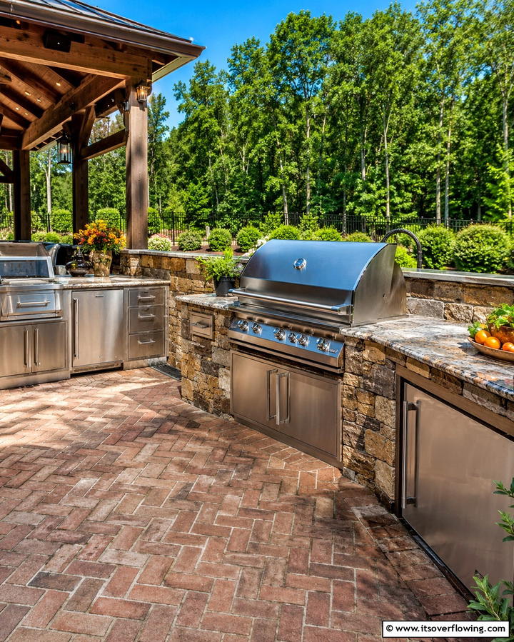 Rustic Outdoor Kitchen - 25 Herringbone Brick Patio Designs for a Classic Look