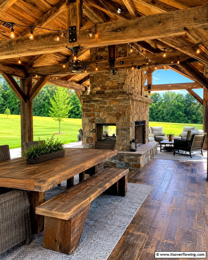 Rustic Pavilion with Dual Sided Fireplace - 25 Backyard Pavilion With Fireplace Ideas for Cozy Nights