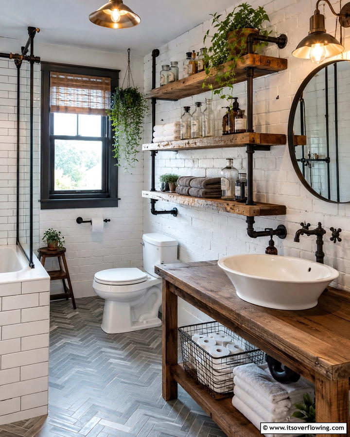 Rustic Pipe Shelving - 30 Small Bathroom Shelving Ideas for Smart Storage