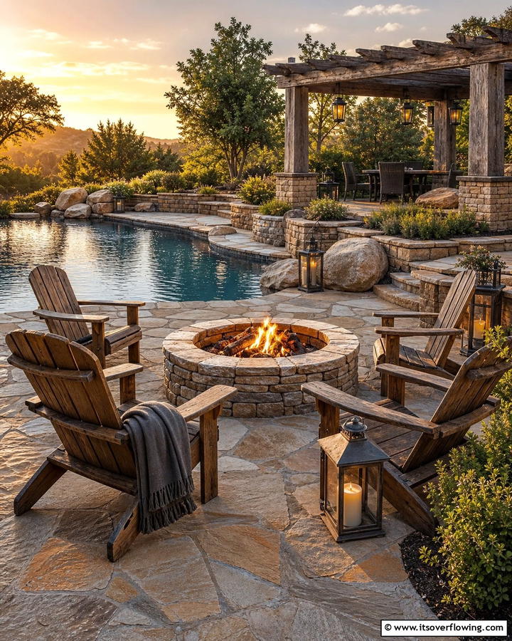 Rustic Pool Deck with Fire Pit - 21 Pool Deck Layouts for Safe & Stylish Swimming Areas