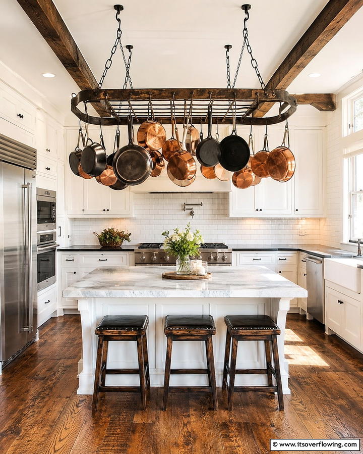 Rustic Pot Rack Display - 30 Rustic White Kitchen Ideas for Timeless Farmhouse Style