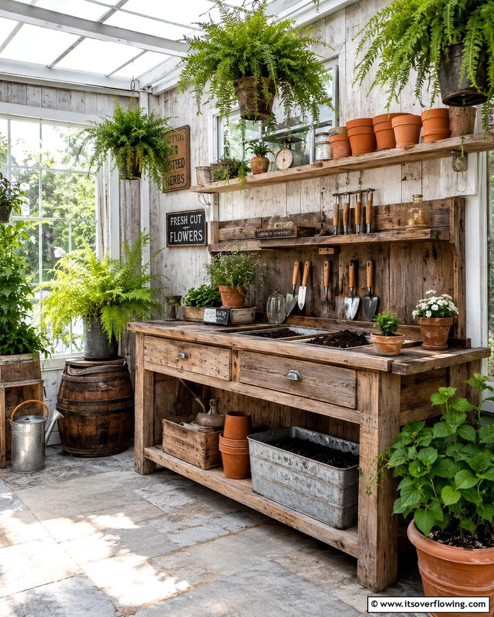 Rustic Potting Bench Station - 25 Greenhouse Room Ideas for a Plant Lover’s Paradise