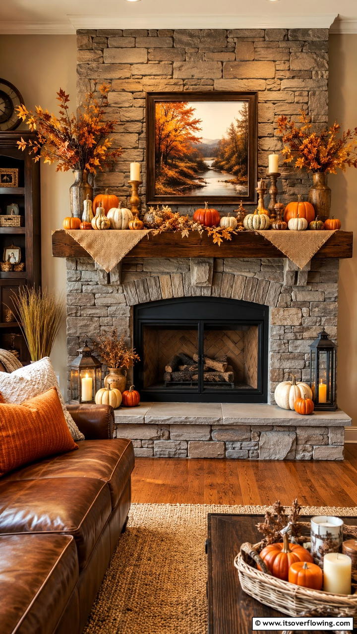 Rustic Pumpkin Display - 30 Fall Mantel Decor Ideas for Seasonal Coziness